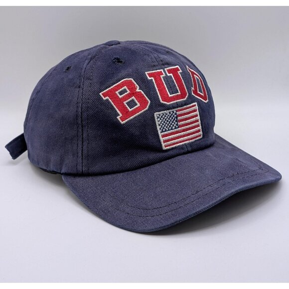 Vintage 1995 Budweiser Bud USA Flag Strap Back Hat Adjustable Cap Blue VTG 90s - Picture 1 of 6